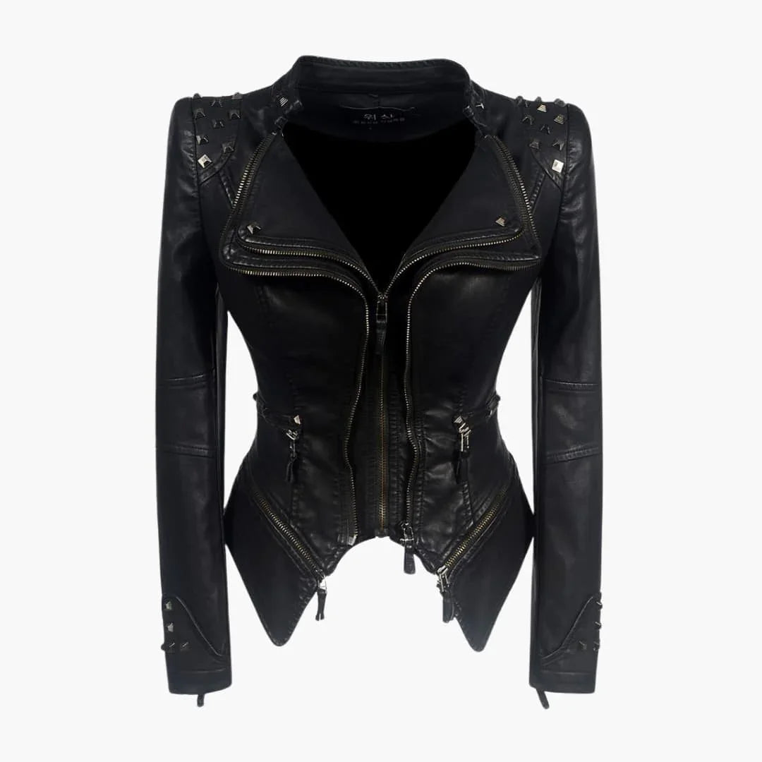 Bravellea | Women's Casual Stretch Elegant Black Leather Jacket with Studded Shoulder Long Sleeve Peplum Biker Style Top — 1