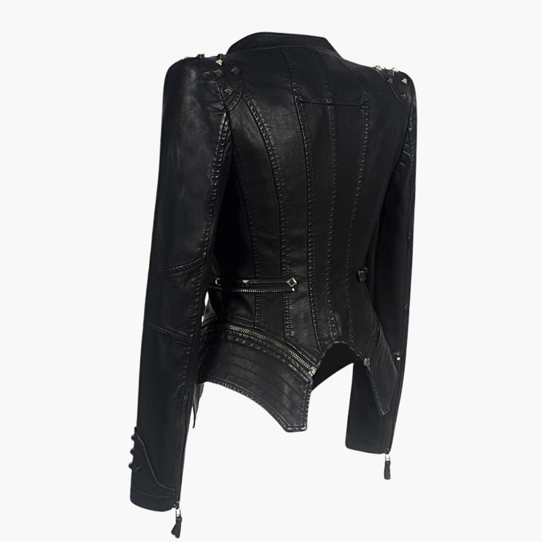 Bravellea | Women's Casual Stretch Elegant Black Leather Jacket with Studded Shoulder Long Sleeve Peplum Biker Style Top — 2