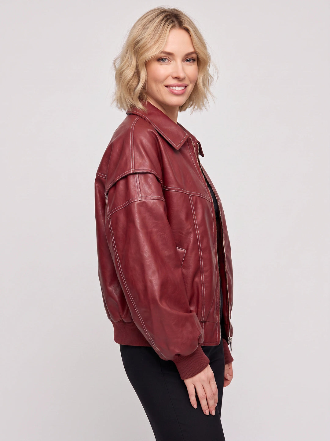 Bravora | Women's Casual Stretch oversized Leather Bomber Jacket — 2