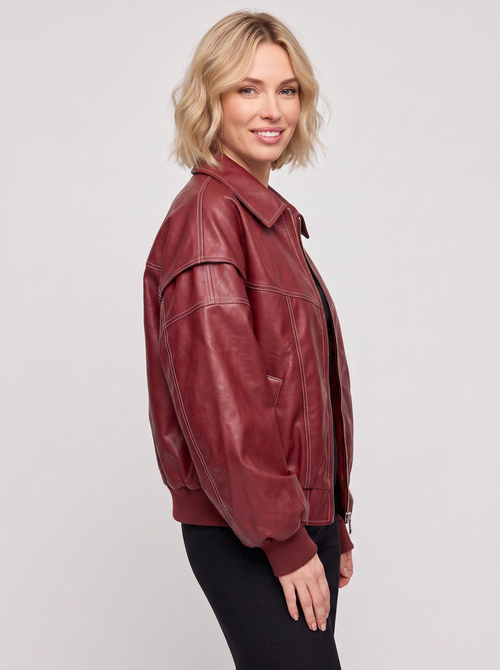 Bravora | Women's Casual Stretch oversized Leather Bomber Jacket — 2