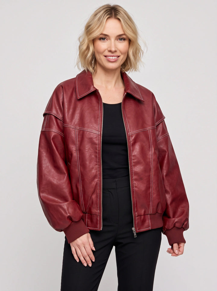 Bravora | Women's Casual Stretch oversized Leather Bomber Jacket — Wine Red