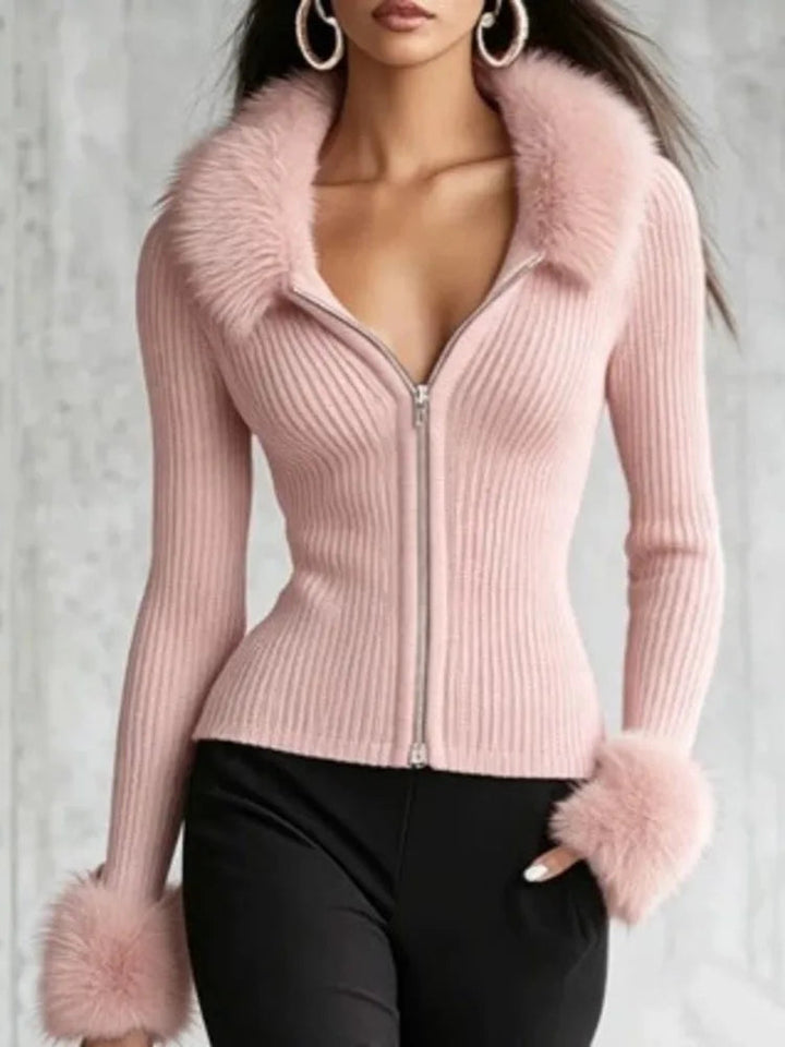 Brellora | Women's Cozy Faux Fur Zip Cardigan — Pink