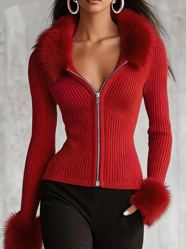 Brellora | Women's Cozy Faux Fur Zip Cardigan — Red
