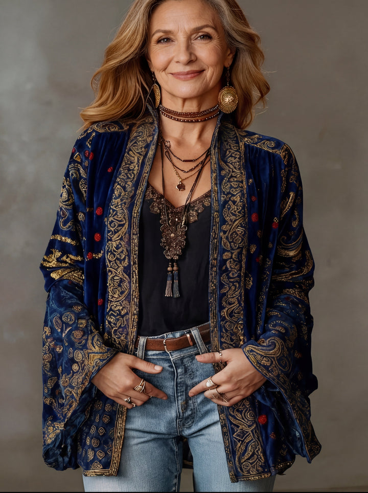 Brenan | Women's Cozy Stylish Velvet-Touch Bohemian Cardigan — Midnight Blue