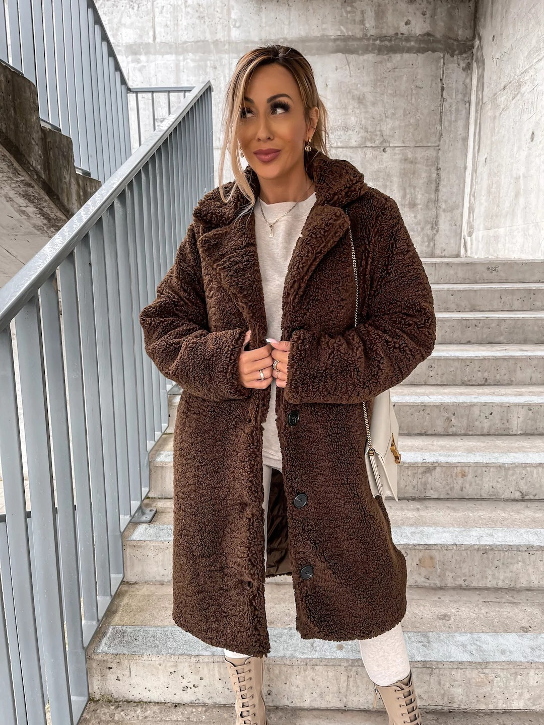 Brenora | Women's Relaxed Longline Sherpa Jacket with Notch Collar — Coffee Brown