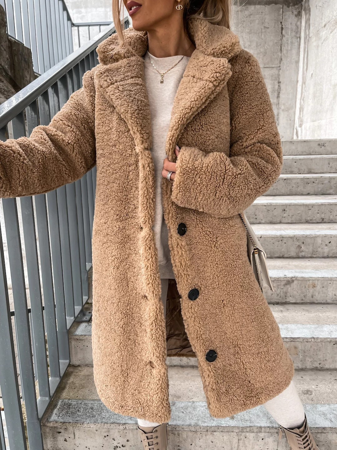 Brenora | Women's Relaxed Longline Sherpa Jacket with Notch Collar — Khaki