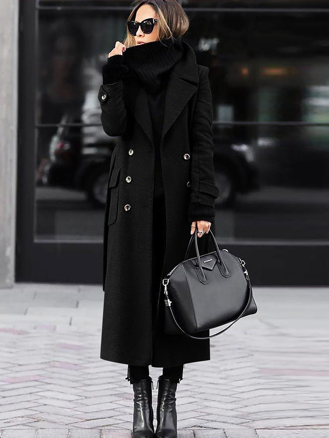 Brenovia | Women's Full Length Double-Breasted Coat – Tailored Lapel Overcoat — Black