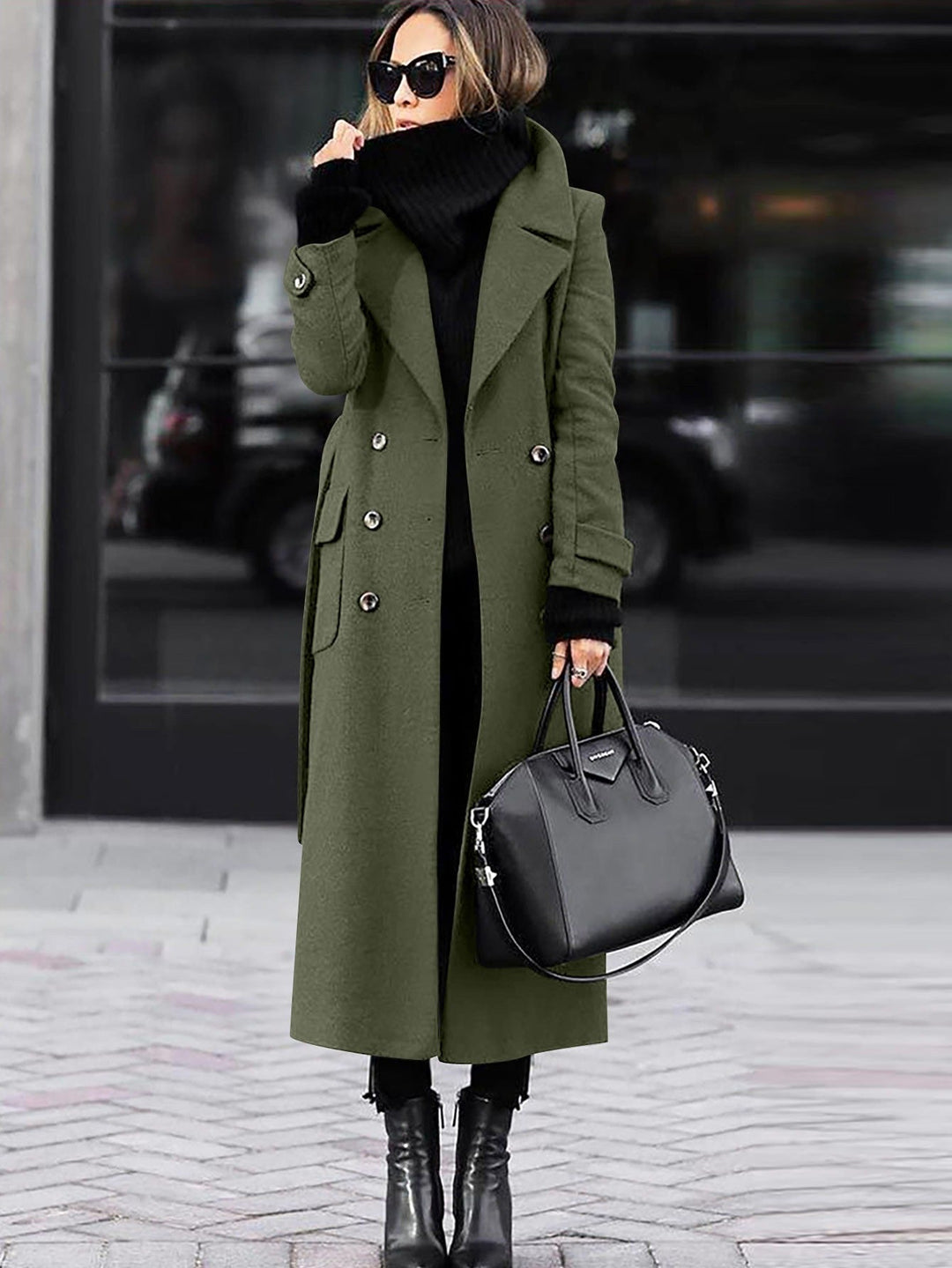 Brenovia | Women's Full Length Double-Breasted Coat – Tailored Lapel Overcoat — Green