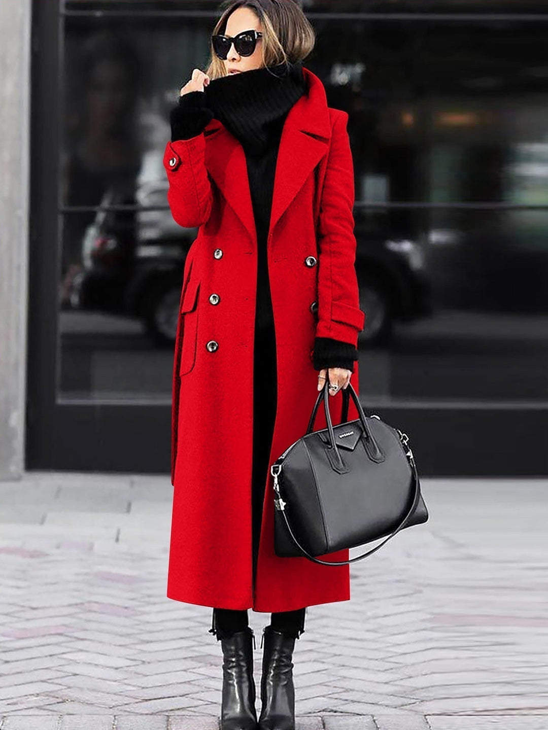 Brenovia | Women's Full Length Double-Breasted Coat – Tailored Lapel Overcoat — Red
