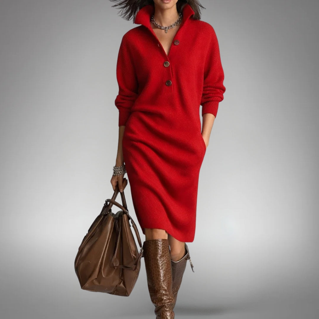Briavelle | Women's Elegant Oversized Knit Midi Sweater Dress — Red