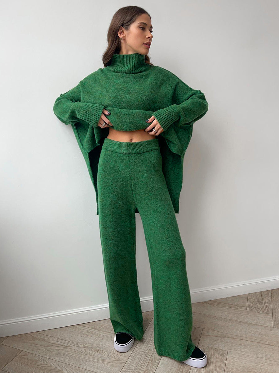 Briavyn | Women's Cozy Turtleneck Plain Knit Pants Set — Green