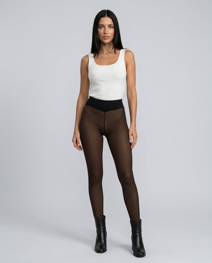 Brielle | Women's Casual Stretch Fleece Lined Sheer Skin-Tone Thermal Tights Top — Brown