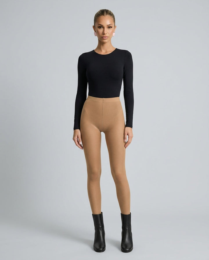 Brielle | Women's Casual Stretch Fleece Lined Sheer Skin-Tone Thermal Tights Top — Nude/Beige