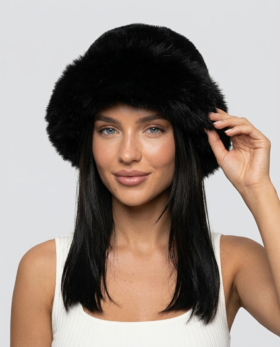 Briggs | Women's Casual Stretch Faux Fur Beanie with Ear Coverage Top — Black