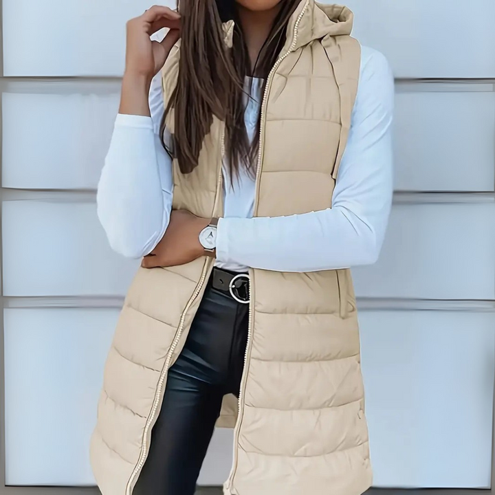 Women's Longline Hooded Puffer Vest — Beige