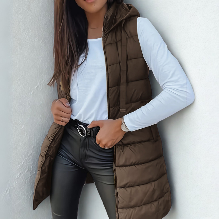 Women's Longline Hooded Puffer Vest — Brown